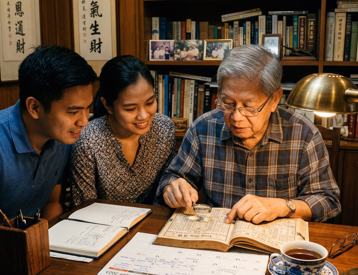Elderly Filipino-Chinese man in his 70s studying a traditional Chinese almanac at a wooden desk with a Filipino couple leaning in to look at the pages in a warm Filipino-Chinese home study