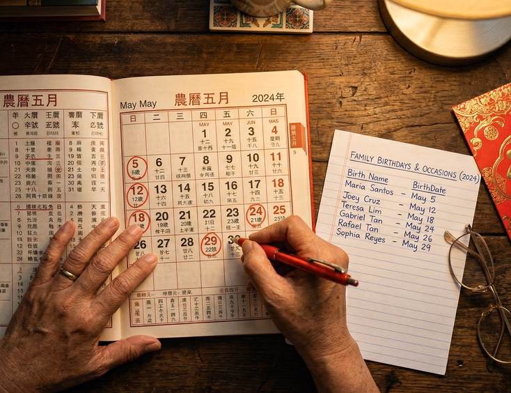 Close-up flat lay of a traditional Chinese almanac open to a monthly calendar with dates circled in red ink beside a handwritten name list, small red envelope, and reading glasses with a Filipino woman's hands holding a red pen
