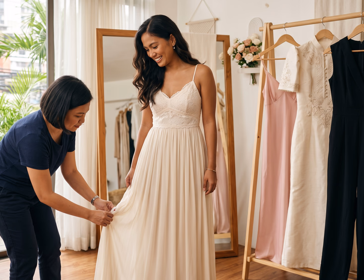Filipino bride-to-be in a cream chiffon maxi dress surrounded by prenup outfit options on a rack in a bright Manila bridal studio while a stylist adjusts the hem in soft natural daylight.