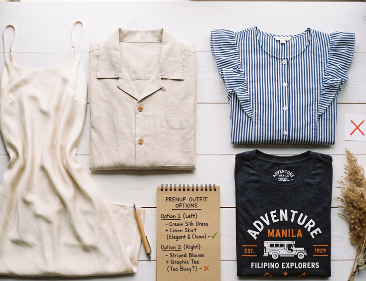 Flat-lay comparison of Filipino prenup outfit choices showing a clean cream silk dress and beige linen shirt as recommended options versus a striped blouse and logo graphic tee marked with a red X.