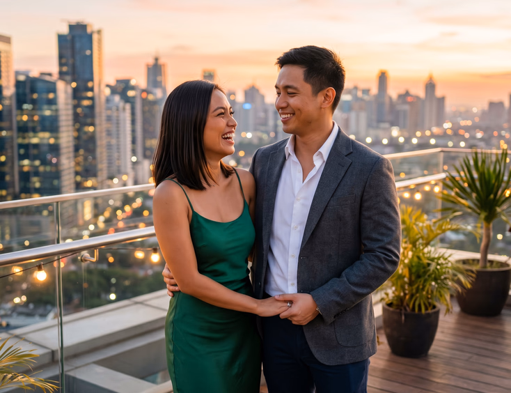 Filipino engaged couple in an emerald green slip dress and charcoal blazer standing on a BGC rooftop at golden hour with the warm Manila skyline glowing orange and pink in the soft-focus background.