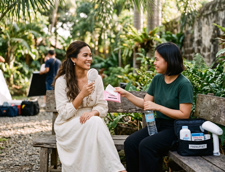Filipino bride-to-be cooling down between prenup shoot takes on a wooden bench in the shade while a female assistant offers blotting papers and water with a styling kit open nearby in tropical outdoor heat.