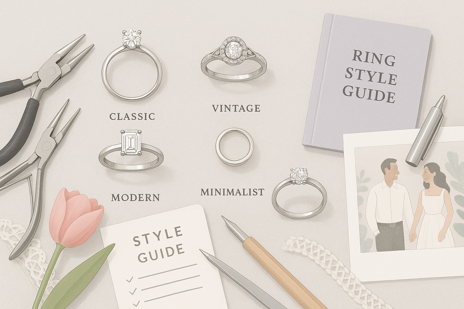Various engagement rings in classic, vintage, modern, and minimalist styles arranged with jewelry tools and a style guidebook.