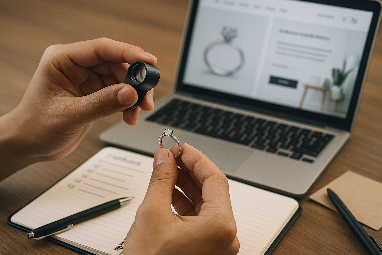 Hands inspecting a ring with a jeweler's loupe, notebook, pen, and a tablet showing a jewelry website in the background.