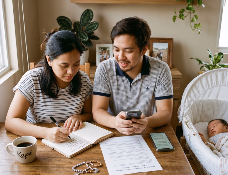 Filipino couple writing a list of godparents for a baby baptism at home.