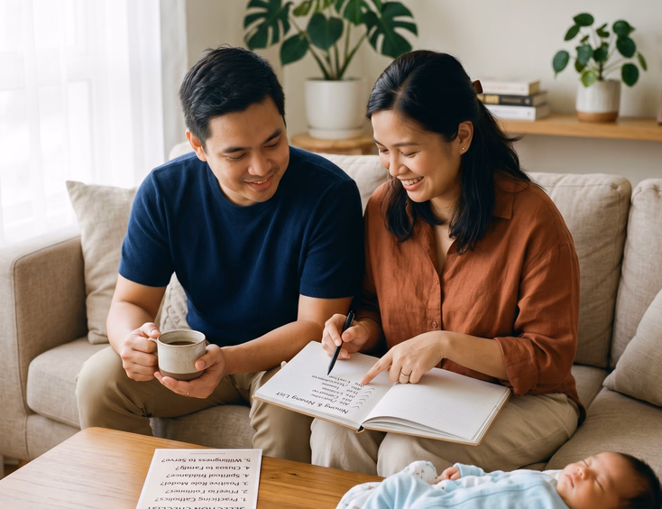 Filipino parents reviewing a godparent list on a living room sofa.