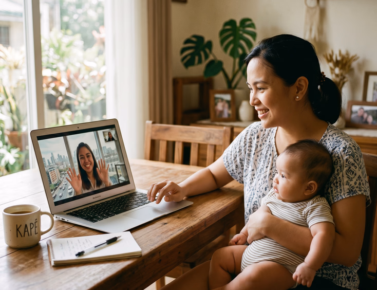 Filipino mother holding her baby during a video call with a relative abroad.