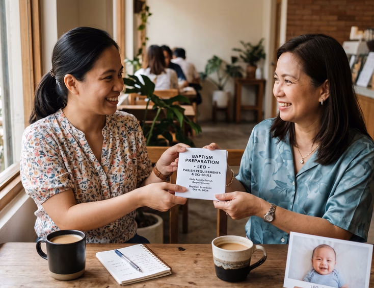 Filipino mother giving a baptism briefing folder to a ninang at a cafe.