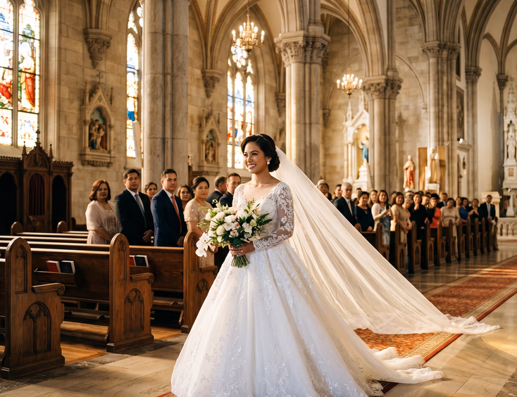 Filipino bride in white ball gown with cathedral-length tulle veil walking down grand Filipino Catholic church aisle with tall stone columns and stained glass windows, full-body editorial wedding photography
