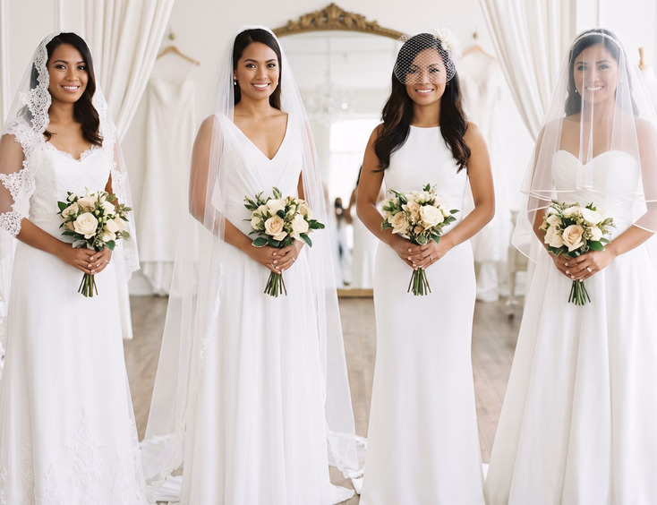 Four Filipino brides in bridal boutique each wearing different veil styles including lace mantilla, cathedral veil, birdcage veil, and two-tier blusher veil, soft studio lighting, editorial bridal fashion photography