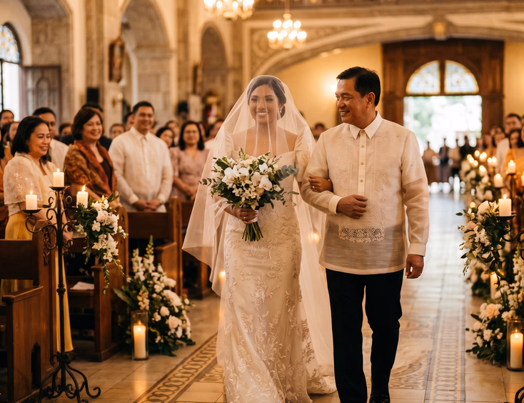 Filipino bride in tulle blusher veil walking arm in arm with father in barong tagalog down warmly lit church aisle, candlelit bokeh background, low angle candid editorial wedding photography