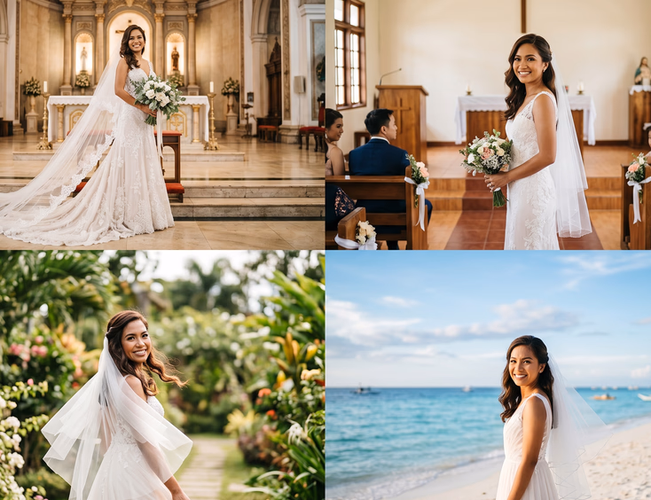 Four-panel composite of Filipino bride wearing different veil lengths across four venues including grand cathedral, provincial chapel, Tagaytay garden, and Boracay beach, editorial wedding photography