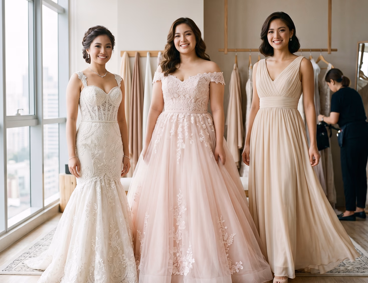 Three Filipino debutantes with diverse body shapes stand together in a studio, displaying a fitted mermaid gown, an A-line ballgown, and an empire-waist dress in neutral light.