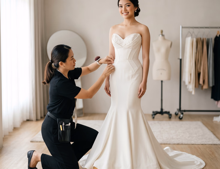 A Filipino debutante with a rectangular shape wears a structured ivory mermaid gown that defines her waist. She stands in a sunlit studio with her stylist adjusting the fit.