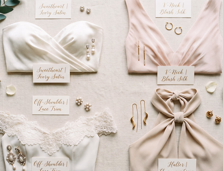 Flat lay display of four gown neckline samples: sweetheart ivory satin, V-neck blush silk, off-shoulder lace, and halter champagne crepe, with matching earrings on a linen background.