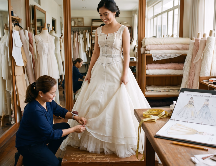 A Filipino debutante stands on a platform in a designer's studio for a custom gown fitting. Her designer kneels, pinning an ivory ballgown bodice with chalk marks visible.