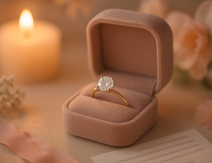Close-up of an elegant engagement ring in a velvet box with soft romantic lighting and floral decor.