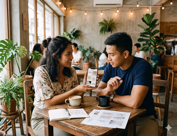 A Filipino couple sits across from each other at a small café table in a bright plant-filled Manila coffee shop, engaged in an animated mid-conversation about ring styles. The woman holds her phone toward her partner showing a Pinterest-style mood board of minimalist bands and an oval solitaire, while he leans forward with elbows on the table studying the screen with one hand raised making a point. Between them, two ring style printouts and a small notebook with handwritten notes reading 'Rose gold ✓' and 'No stones - him' sit beside two cups of coffee.