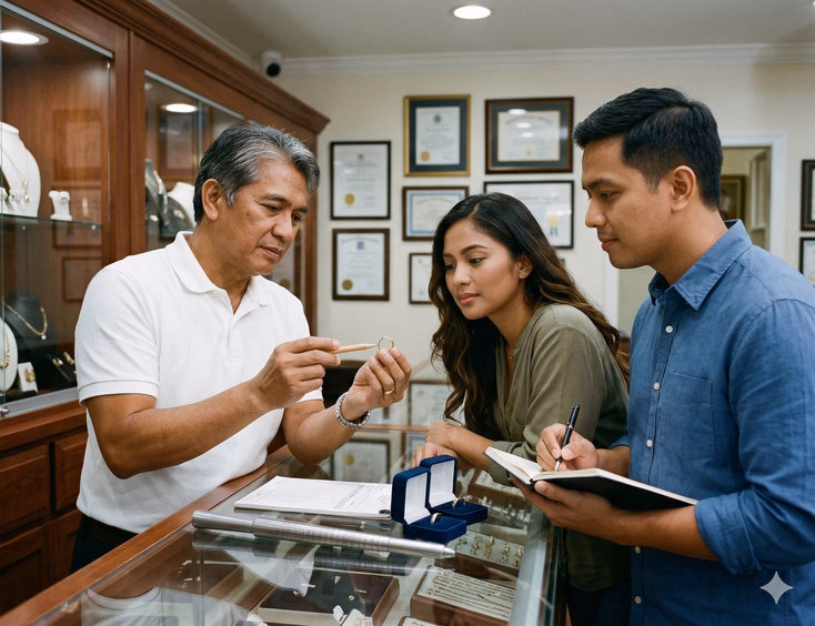 A Filipino male jeweler in his 50s with silver-streaked hair stands behind a glass counter inside a well-established Filipino jewelry shop, holding a plain gold wedding band between his fingers and pointing to its interior hallmark stamp with a fine wooden stylus. A young Filipina woman leans forward across the counter looking closely at the ring with genuine attention while her partner beside her holds an open notebook mid-note-taking. Framed certificates on the wall behind the jeweler and an official receipt pad, ring sizing mandrel, and two open ring boxes on the counter reinforce an atmosphere of honest, professional transparency.