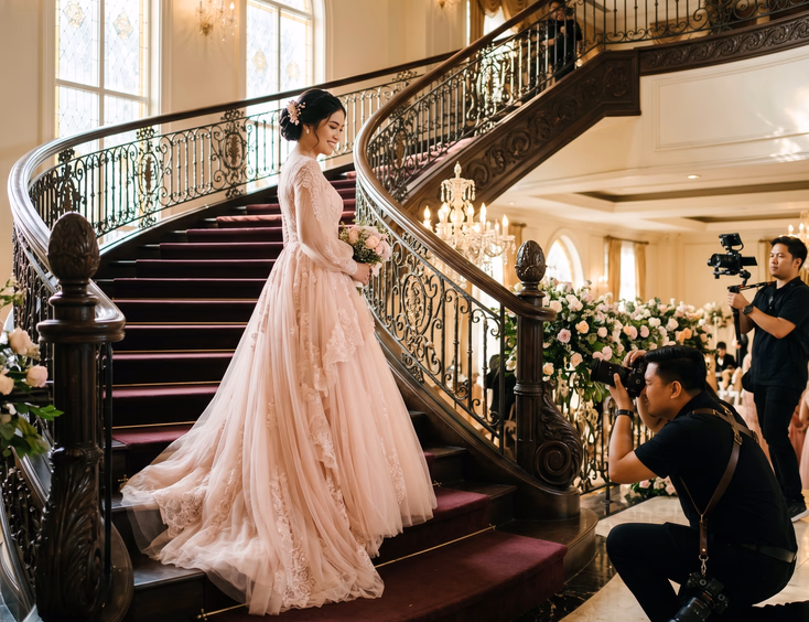 Filipina debutante in an elegant pastel gown poses on a grand staircase in a venue with warm light, while a photographer and videographer capture the moment.
