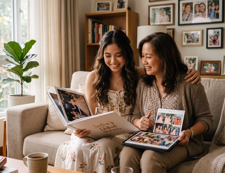 Filipina debutante and mother sit closely in a cozy living room, reviewing a printed album and a tablet showing a digital gallery of debut photos in natural light.