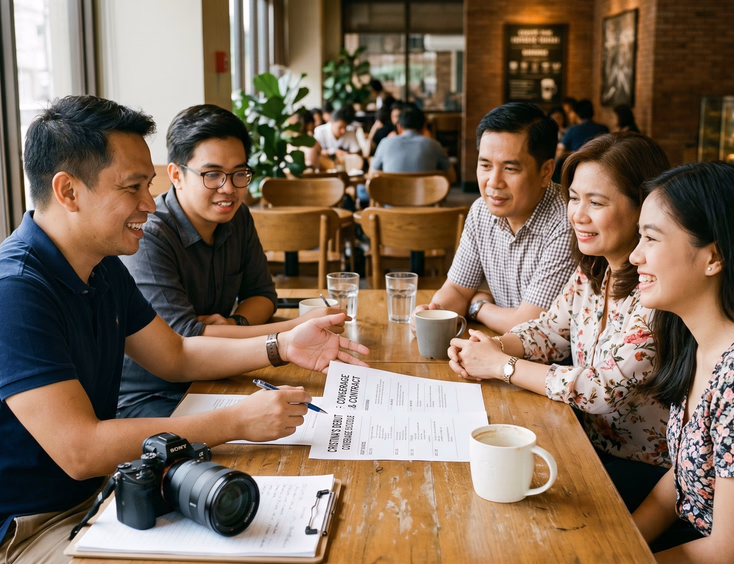 Filipino photographer and videographer meet with a debutante and her parents in a coffee shop to review a contract and coverage schedule with a camera and clipboard.