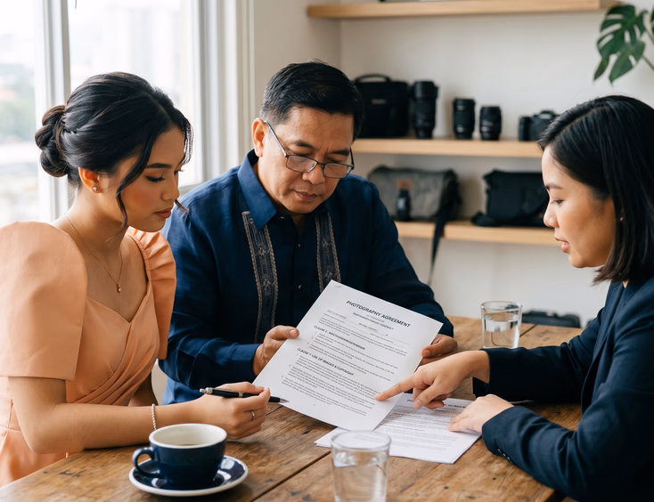 Filipina debutante and father sit at a wooden table in a minimalist studio, focused on reading a photography contract as the photographer points out specific details.