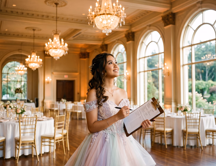 A young Filipina debutante in a pastel ball gown holds a clipboard during a venue ocular visit, looking up at chandeliers in golden hour light.