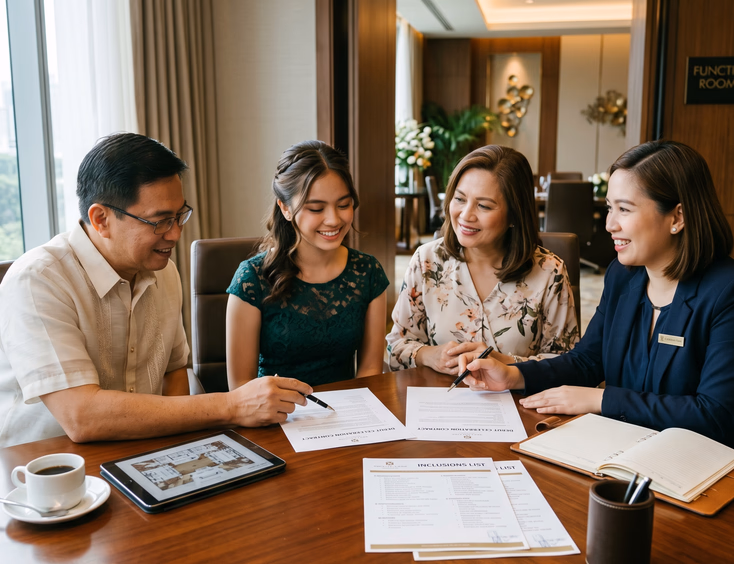 A Filipino debutante and her parents review a venue contract with a coordinator at a wooden table in a modern function room with soft daylight.
