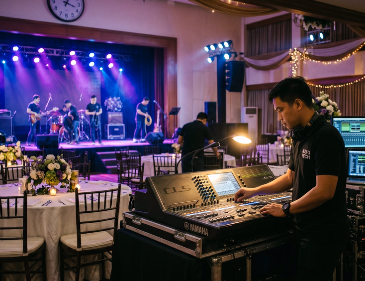 A Filipino sound engineer adjusts a mixing console as a live band sets up under moody stage lights at an empty debut venue in the evening.