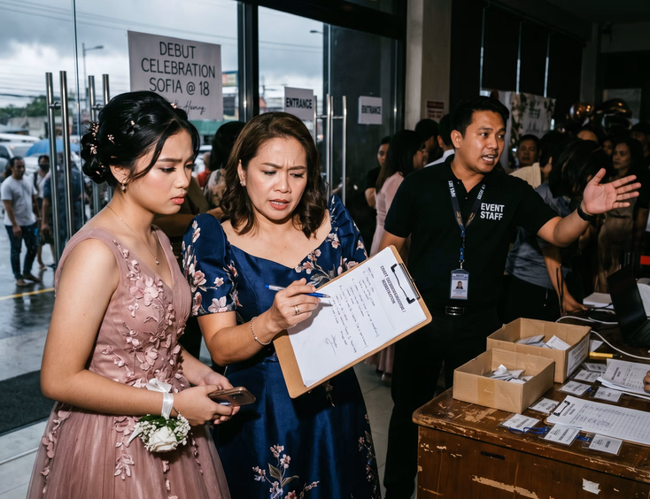 A concerned Filipina debutante and her mother review a clipboard with staff at a dimly lit venue entrance in a photojournalistic shot.