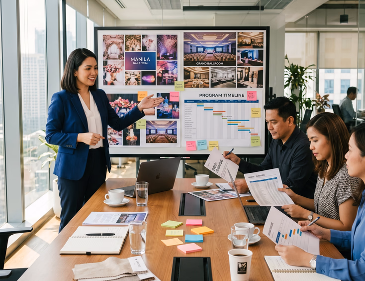 Filipina event organizer leads a corporate planning meeting with clients, presenting event mood boards and a detailed timeline in a Manila office.