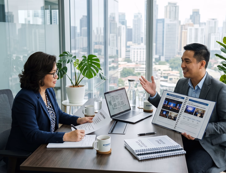 Filipina HR director interviews a Filipino event organizer presenting a portfolio with a corporate case study in a sunlit modern office.