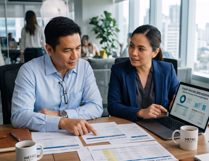 Filipino finance director reviews event pricing structures and budget spreadsheets with a Filipina event organizer at a corporate conference table.