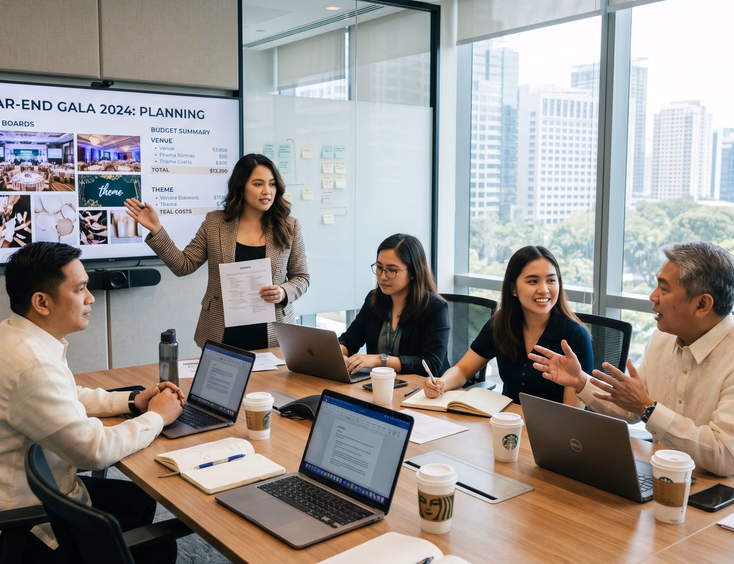 Filipino corporate team meets with their event organizer to review mood boards and budget summaries in a modern conference room.