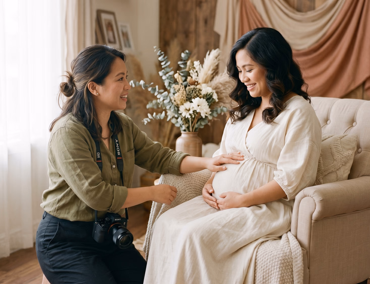 A Filipino photographer guides a pregnant Filipino woman into a graceful pose during a warm professional photo session in a soft-lit studio.