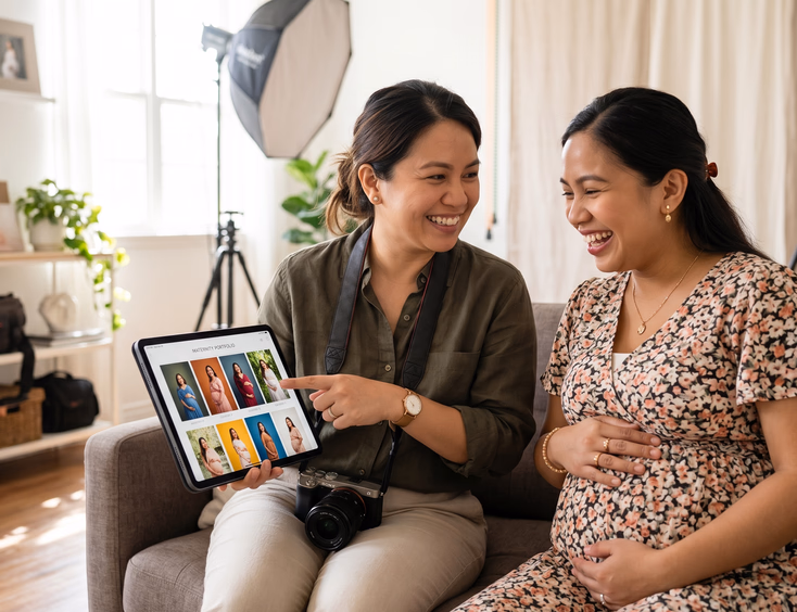 A Filipino photographer shares a digital maternity portfolio with a pregnant Filipino woman as they review photos together in a bright studio.