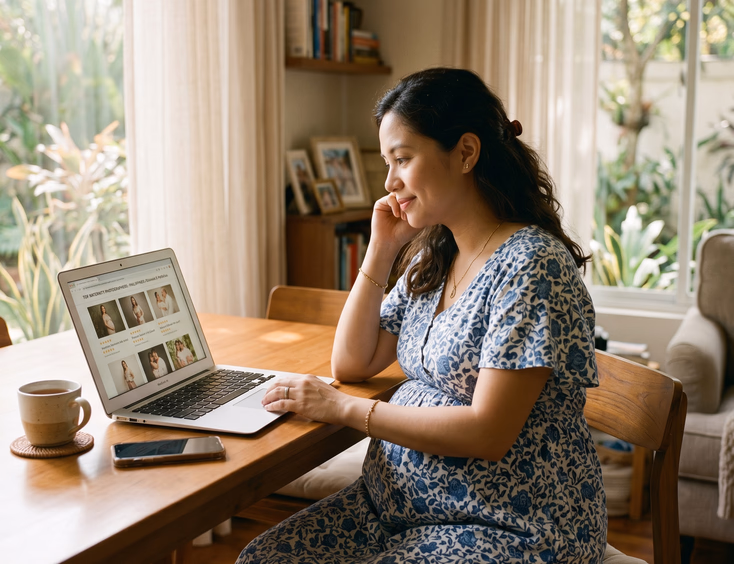 A thoughtful pregnant Filipino woman browses online photographer reviews on her laptop at a sunlit table at home in soft natural daylight.
