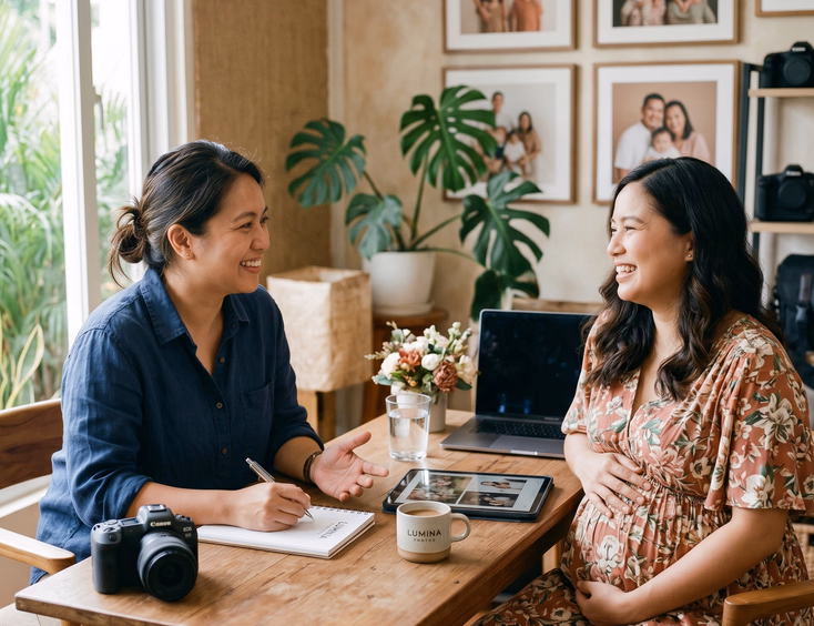 A Filipino photographer and a pregnant Filipino woman chat warmly across a table during a photo consultation in a relaxed, friendly mood.
