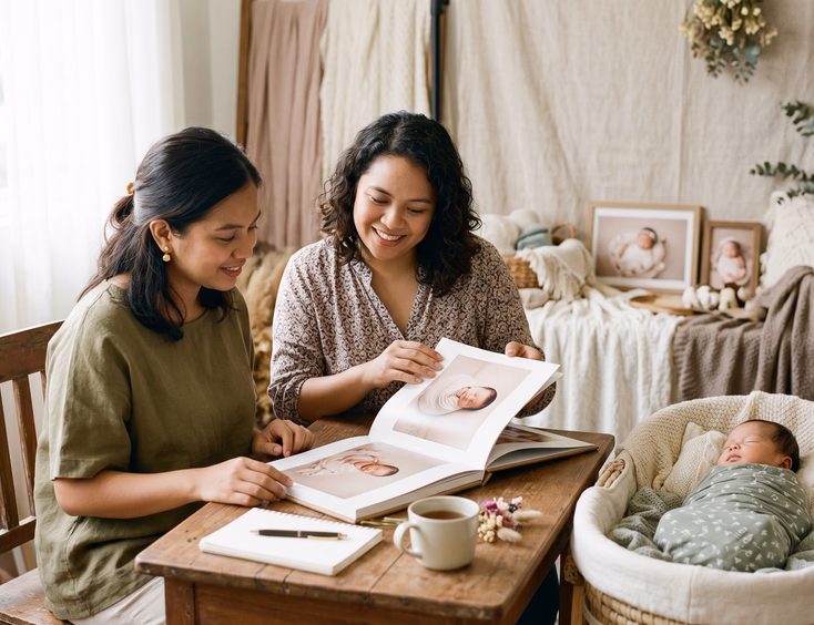 A Filipino mother meets a newborn photographer in a warm studio, looking through a portfolio together while her swaddled baby rests nearby.