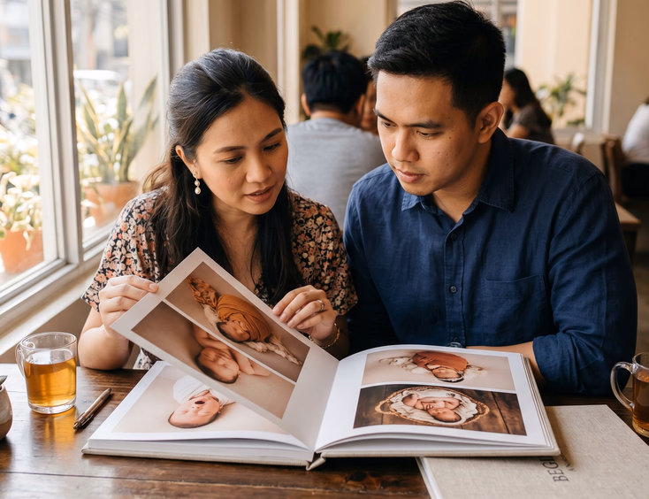 A Filipino couple views a photographer's printed portfolio book of newborn images at a sunlit table, studying the beautiful pictures.