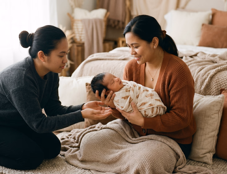 A Filipino newborn photographer carefully supports a swaddled baby with both hands while an assistant spots nearby in a warm photo studio.