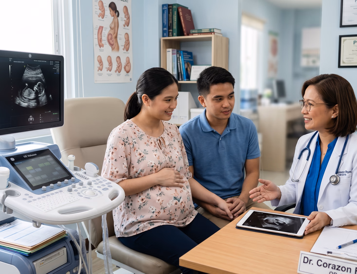 A young Filipino couple, including a pregnant wife, attentively listens to a female OB-GYN doctor in a bright, modern clinic with medical charts.