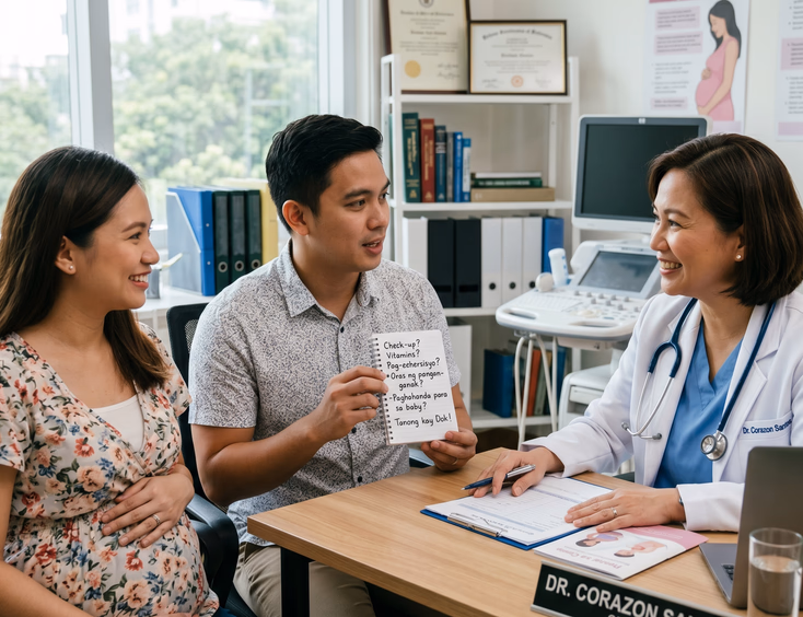 A Filipino expectant couple sits across from a warm doctor in a bright clinic; the husband asks questions from a notepad during the consultation.