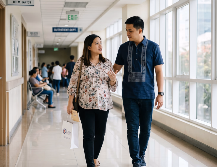 A Filipino couple, husband and pregnant wife, walk out of a bright hospital corridor in thoughtful discussion about their impression of the doctor.