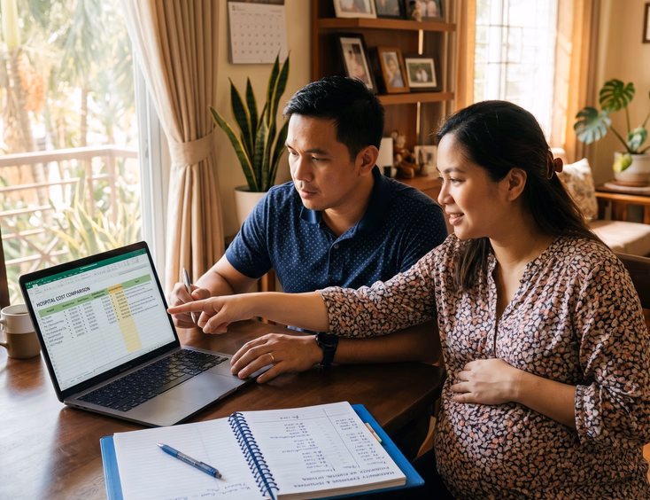 A Filipino father reviews doctor fees and hospital options on a laptop at home with his pregnant wife, as they plan in a sunlit living room.