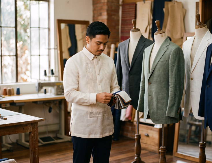 Filipino groom with morena skin examining fabric swatches in a tailoring atelier surrounded by four suit jackets in charcoal grey, sage green, white linen, and midnight blue on mannequins