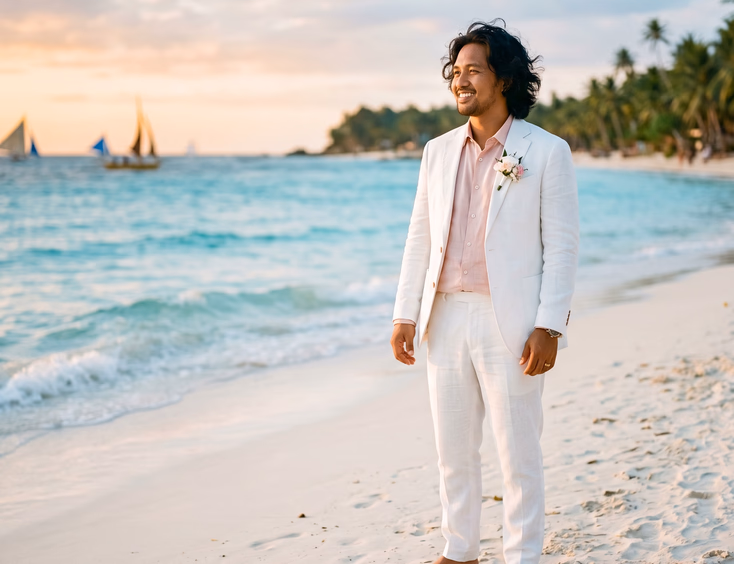 Filipino groom in a white linen suit and blush pink undershirt standing barefoot on a Boracay beach at golden hour with turquoise water and tropical shoreline behind him