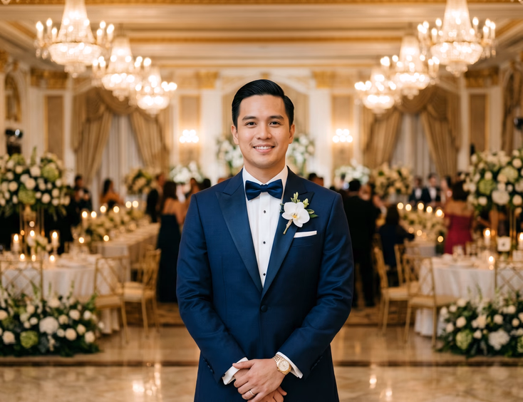 Filipino groom in a midnight blue tuxedo with peak lapels standing inside a luxury Manila hotel ballroom with crystal chandeliers, marble flooring, and gold accents