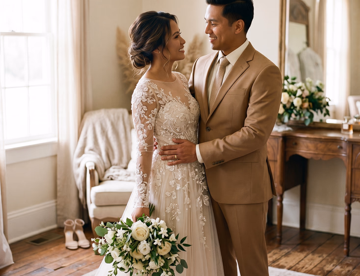 Filipino bride and groom in coordinating ivory champagne gown and warm tan suit sharing a quiet smile in a softly lit bridal suite before the wedding ceremony